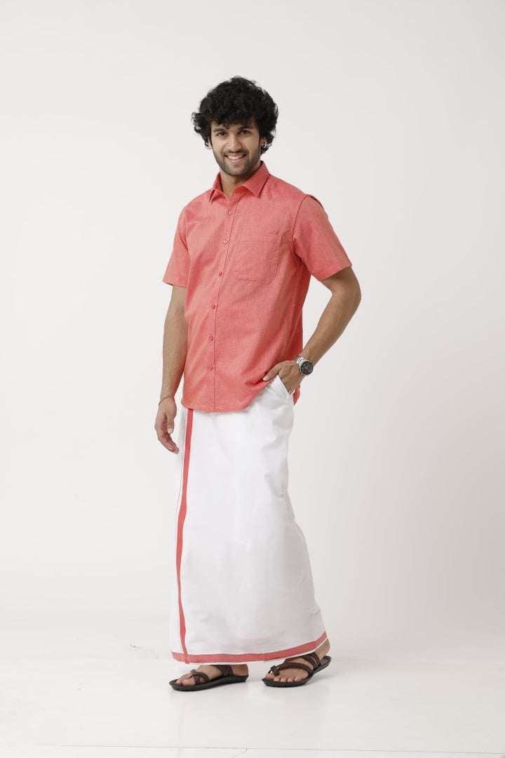 UATHAYAM Varna Matching Dhoti & Shirt Set Half Sleeves Dark Rose-11030