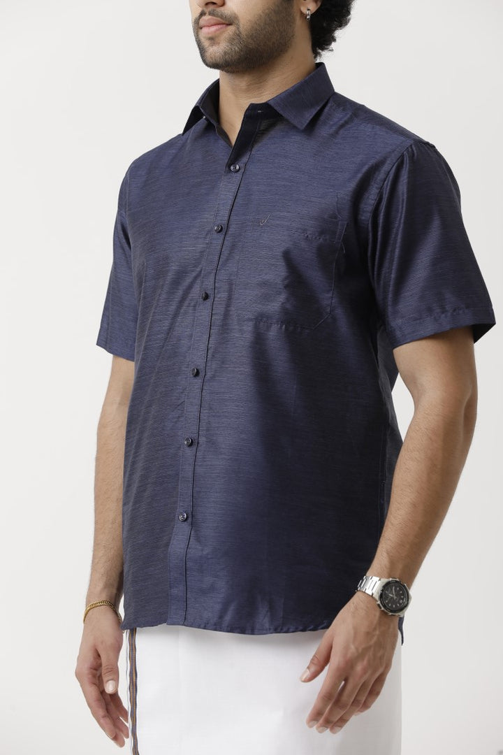 UATHAYAM Varna Matching Dhoti & Shirt Set Half Sleeves Navy Blue-11024