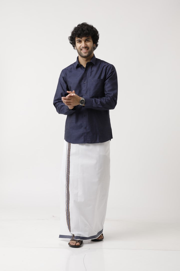 UATHAYAM Varna Matching Dhoti & Shirt Set Full Sleeves Navy Blue-11024