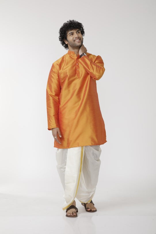Men's Orange Solid Silk Long Kurta - 10810