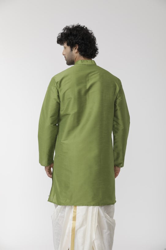Men's Lime Green Solid Silk Long Kurta - 10802