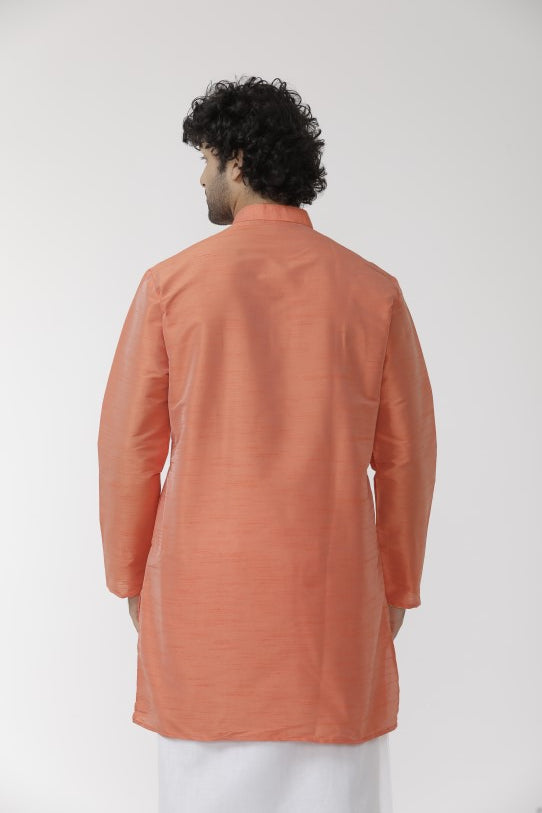 Men's Light Orange Solid Silk Long Kurta - 10804