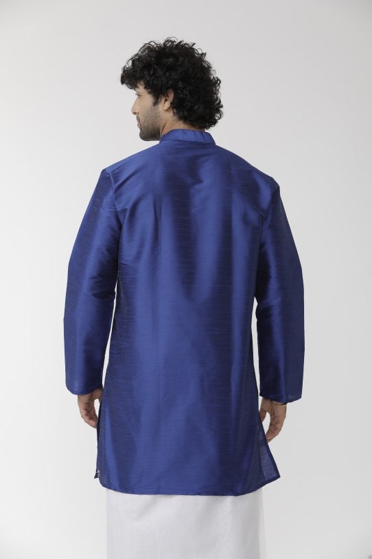 Men's Dark Blue Solid Silk Long Kurta - 10803